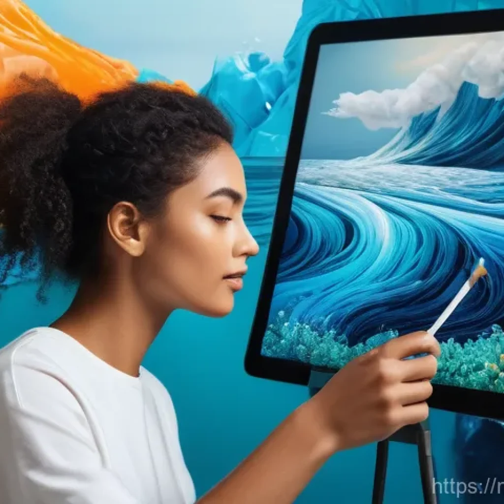 NFT 아트와 사회적 이슈의 연결 - A diverse artist, deeply focused, working on a glowing digital canvas or tablet. The artwork on the ...