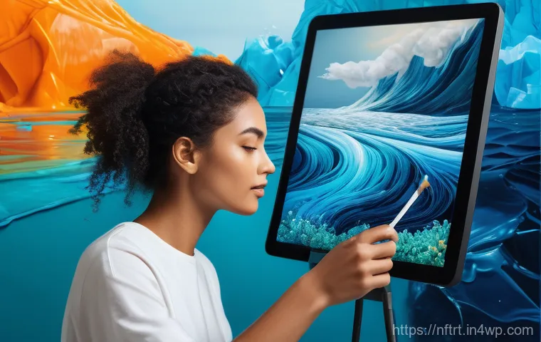 NFT 아트와 사회적 이슈의 연결 - A diverse artist, deeply focused, working on a glowing digital canvas or tablet. The artwork on the ...