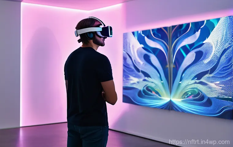 NFT 아트와 사회적 이슈의 연결 - A diverse artist, deeply focused, working on a glowing digital canvas or tablet. The artwork on the ...