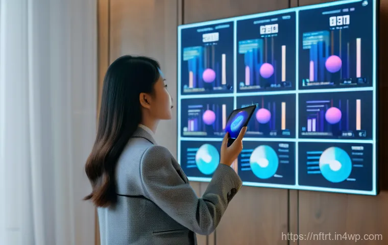 NFT 예술 시장의 최근 트렌드 - A stylish young East Asian woman, representing an "MZ collector," stands confidently in a sleek, min...