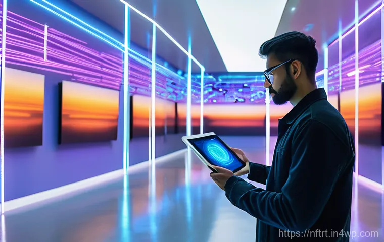 NFT 아트의 장기 투자 전략 - **A New Era of Digital Art Ownership:**
A person, fully clothed in modern casual wear, stands in...