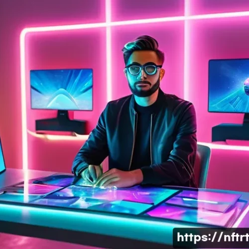 NFT 예술가의 브랜딩 전략 - A futuristic digital artist workspace showcasing a sleek, minimalist studio with multiple holographi...
