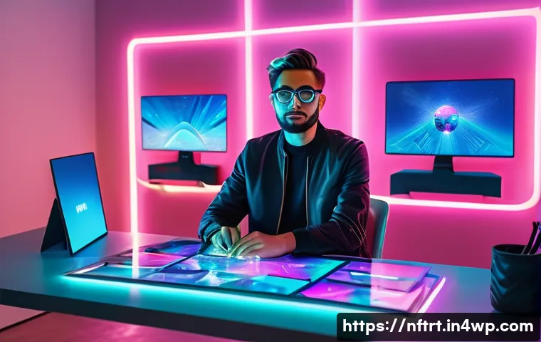 NFT 예술가의 브랜딩 전략 - A futuristic digital artist workspace showcasing a sleek, minimalist studio with multiple holographi...