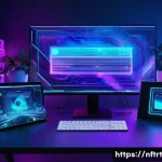 NFT 아트의 저작권 등록 과정 - A futuristic digital artist&rsquo;s workspace showcasing multiple holographic NFT artworks floating around...