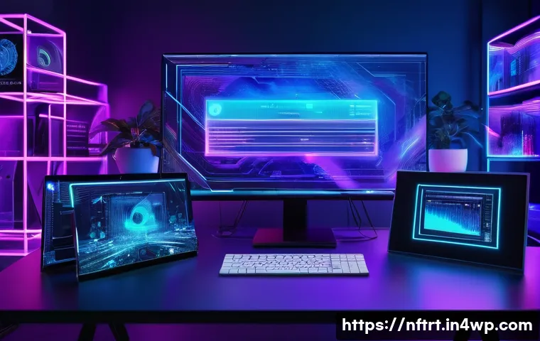 NFT 아트의 저작권 등록 과정 - A futuristic digital artist&rsquo;s workspace showcasing multiple holographic NFT artworks floating around...